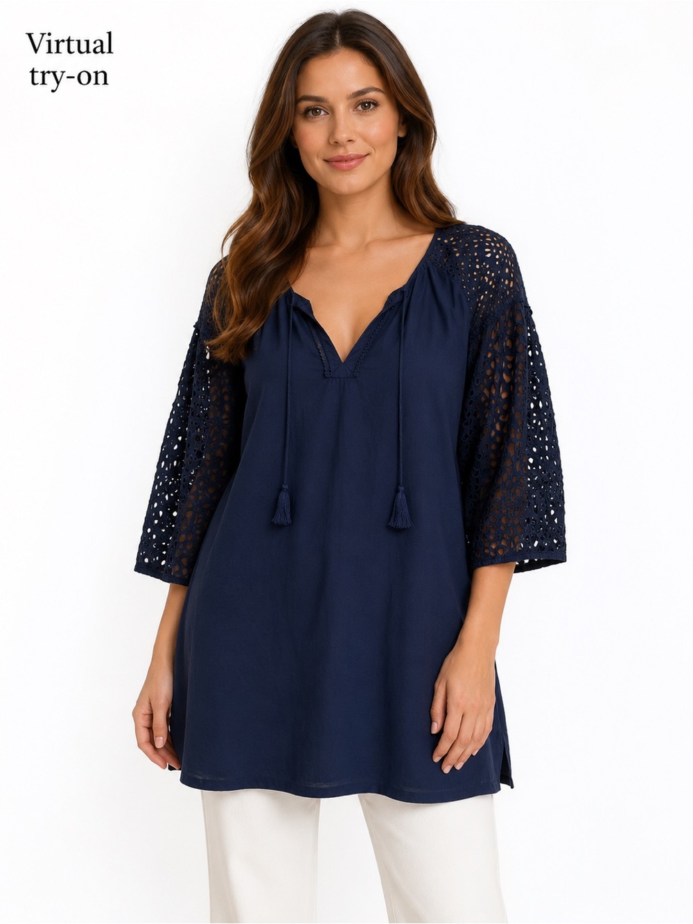 J. Crew Navy Crochet-Sleeve Tunic Swim Cover-Up XL Cotton